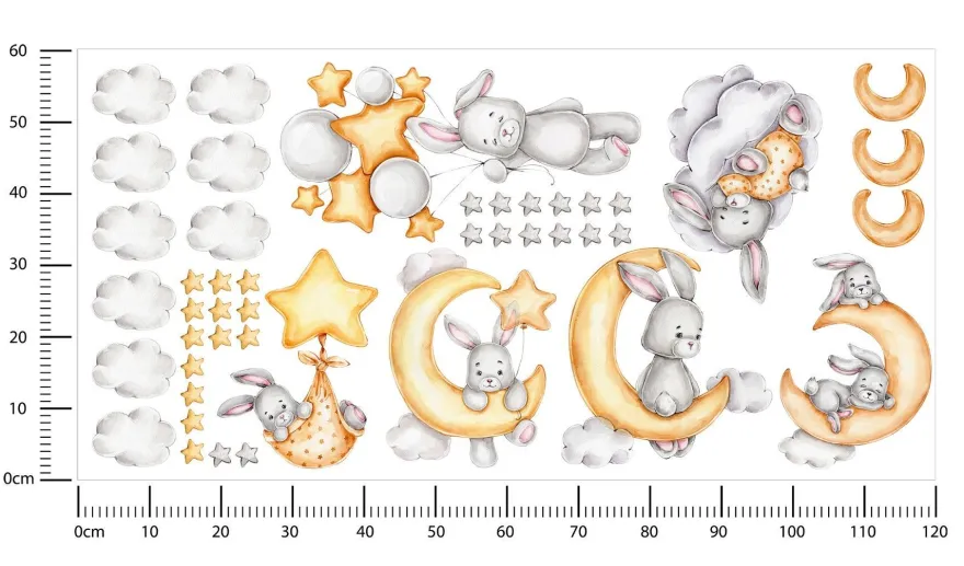 Muralo Aufkleber Set für Kinderzimmer Kaninchen Wolken Sterne Wandstickers für Kinder