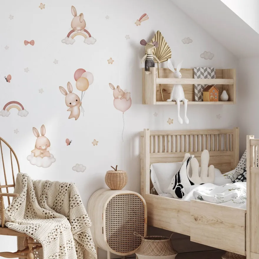 Muralo Aufkleber Set für Kinderzimmer Kaninchen Wolken Sterne Wandstickers für Kinder