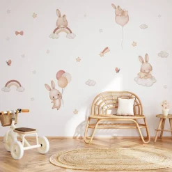 Muralo Aufkleber Set für Kinderzimmer Kaninchen Wolken Sterne Wandstickers für Kinder