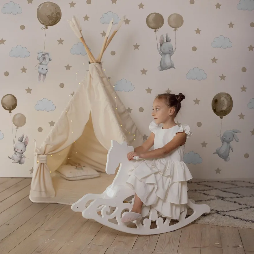Muralo Aufkleber Set für Kinderzimmer Kaninchen Wolken Sterne Wandstickers für Kinder
