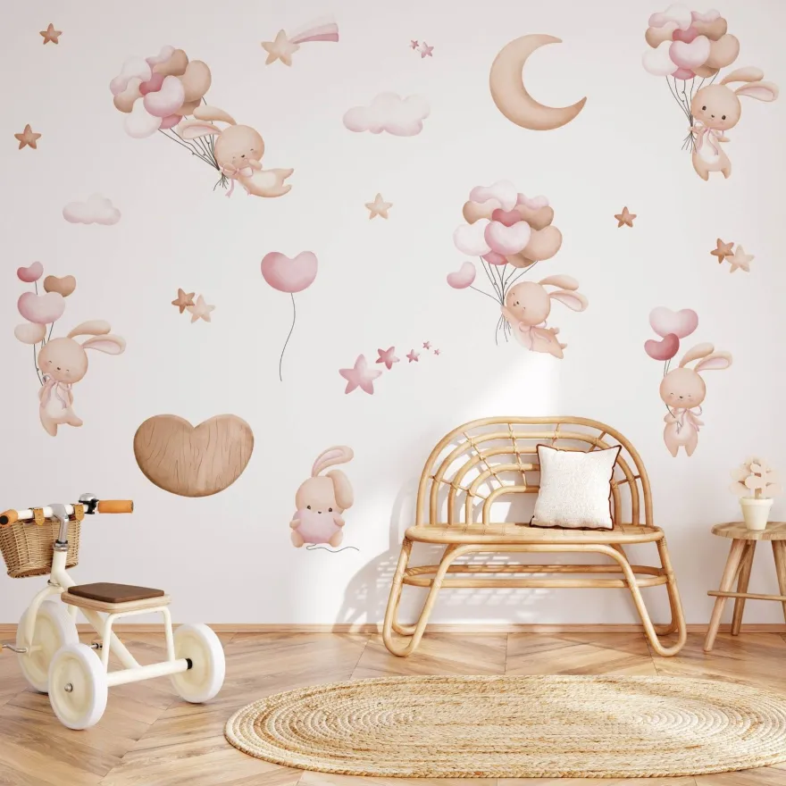 Muralo Aufkleber Set für Kinderzimmer Kaninchen Wolken Sterne Wandstickers für Kinder
