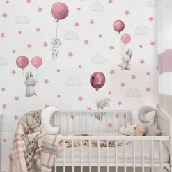 Muralo Aufkleber Set für Kinderzimmer Kaninchen Wolken Sterne Wandstickers für Kinder