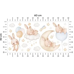 Muralo Aufkleber Set für Kinderzimmer Kaninchen Wolken Sterne Wandstickers für Kinder