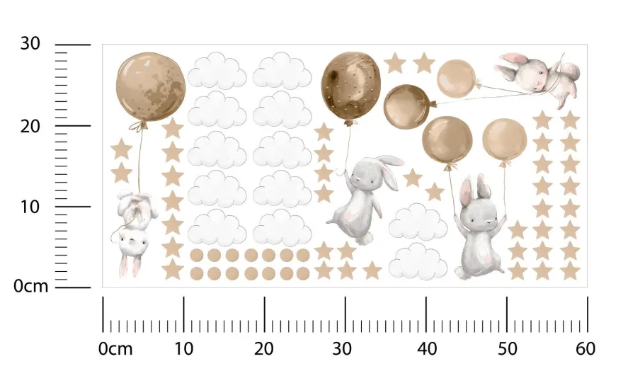 Muralo Aufkleber Set für Kinderzimmer Kaninchen Wolken Sterne Wandstickers für Kinder