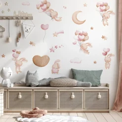 Muralo Aufkleber Set für Kinderzimmer Kaninchen Wolken Sterne Wandstickers für Kinder