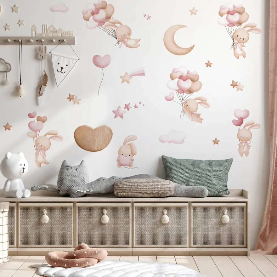 Muralo Aufkleber Set für Kinderzimmer Kaninchen Wolken Sterne Wandstickers für Kinder