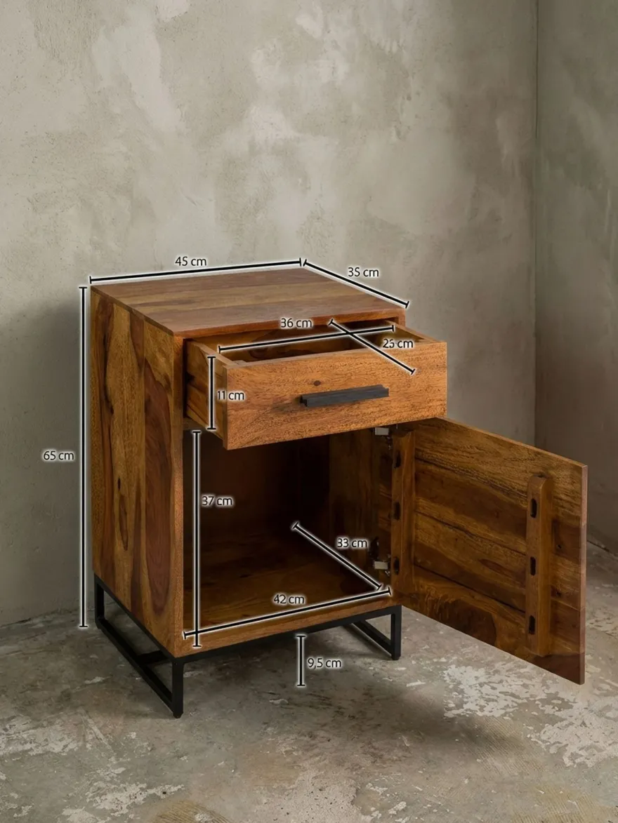 Nachttisch - Massivholz/Eisen, Schublade & Tür, Industrial-Stil