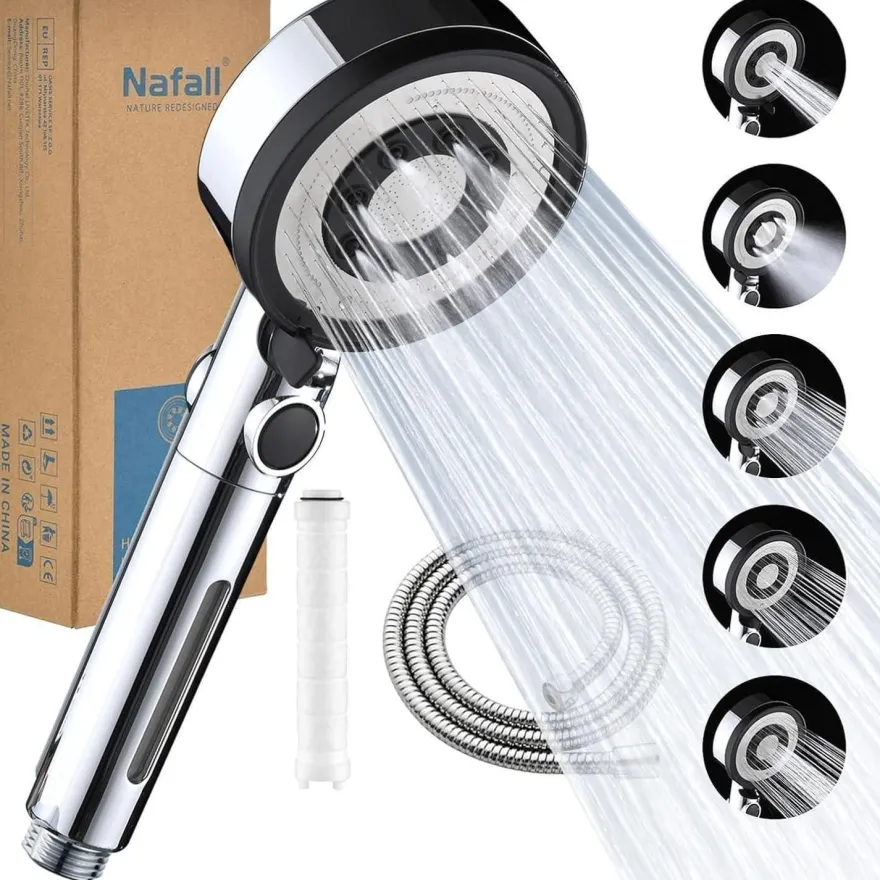 Nafall Duschkopf Filter 5 Strahlarten, Hochdruck, Wassersparend 1.5m Schlauch