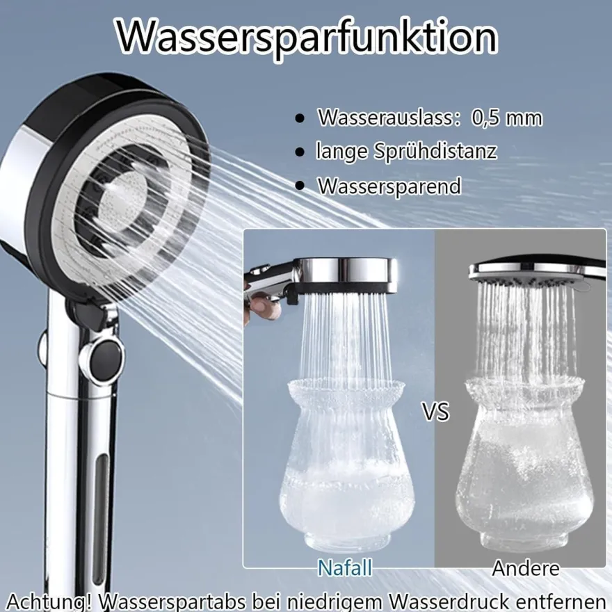 Nafall Duschkopf Filter 5 Strahlarten, Hochdruck, Wassersparend 1.5m Schlauch