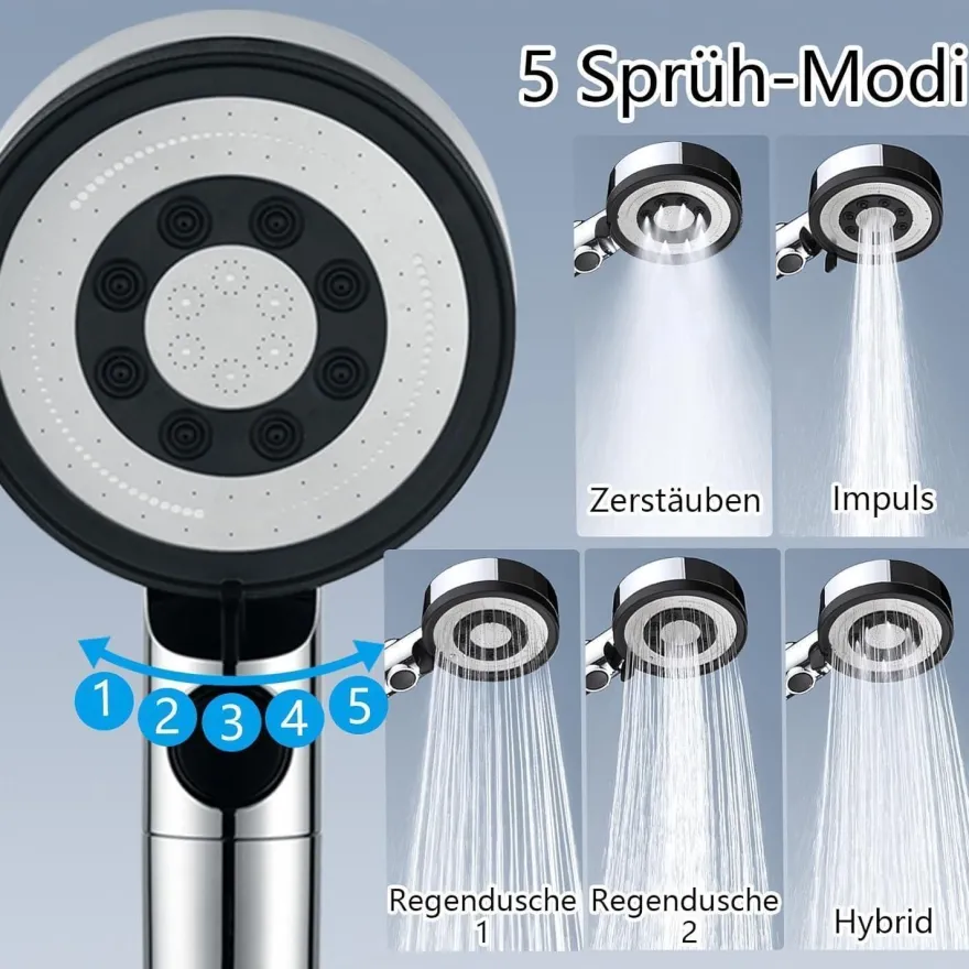 Nafall Duschkopf Filter 5 Strahlarten, Hochdruck, Wassersparend 1.5m Schlauch
