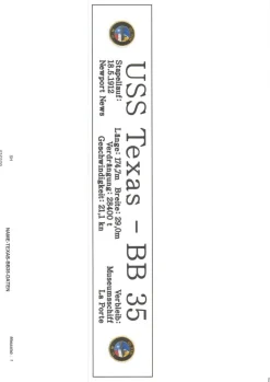 Namensschild für Modellständer mit Daten - USS Texas BB35