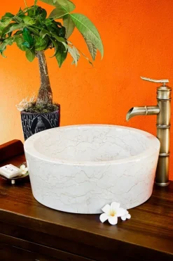 Naturstein Waschbecken Marmor glatt Rund Bad Beige Aufsatzwaschbecken Rundum Poliert