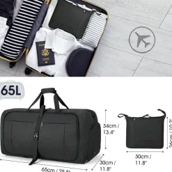 NUBILY Faltbare Reisetasche Sporttasche 65L Damen Herren Schwarz