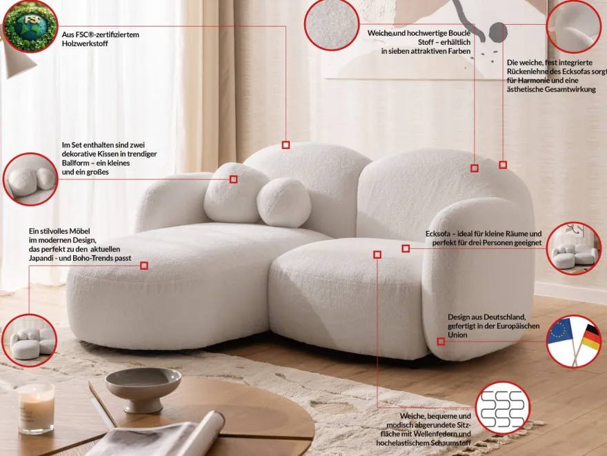 Nuvola - Moderne Ecksofa L-Form aus Bouclé-Stoff mit abgerundetem Design
