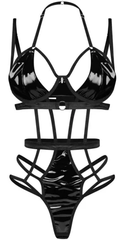 Obsessive Keira Lack-Stringbody schwarz mit Riemen und Ringdetails
