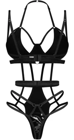 Obsessive Keira Lack-Stringbody schwarz mit Riemen und Ringdetails