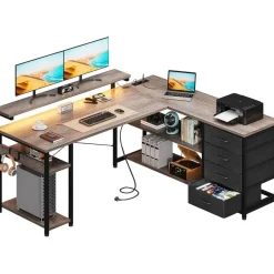 ODK Gaming Schreibtisch L Form LED USB Steckdosen Graueiche