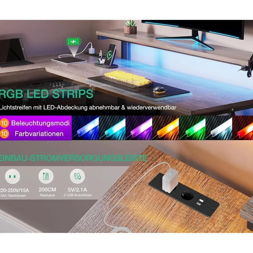 ODK Gaming Schreibtisch L Form LED USB Steckdosen Graueiche
