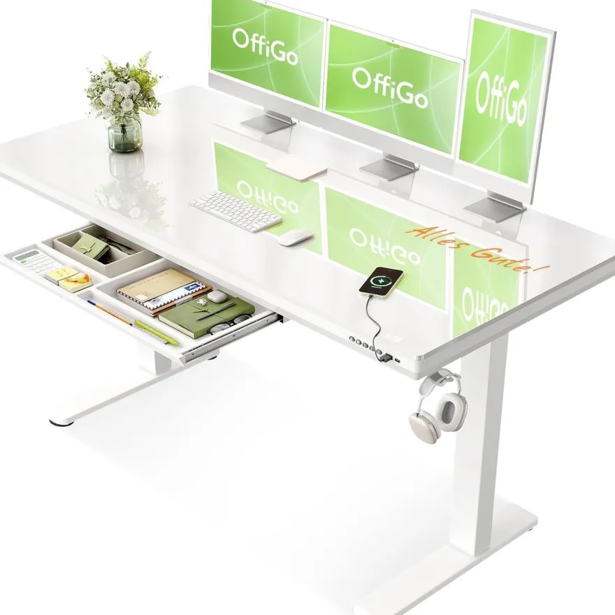 OffiGo Höhenverstellbarer Schreibtisch, 140x60 cm, Elektrisch mit Glasplatte