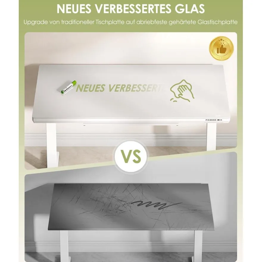 OffiGo Höhenverstellbarer Schreibtisch, 140x60 cm, Elektrisch mit Glasplatte