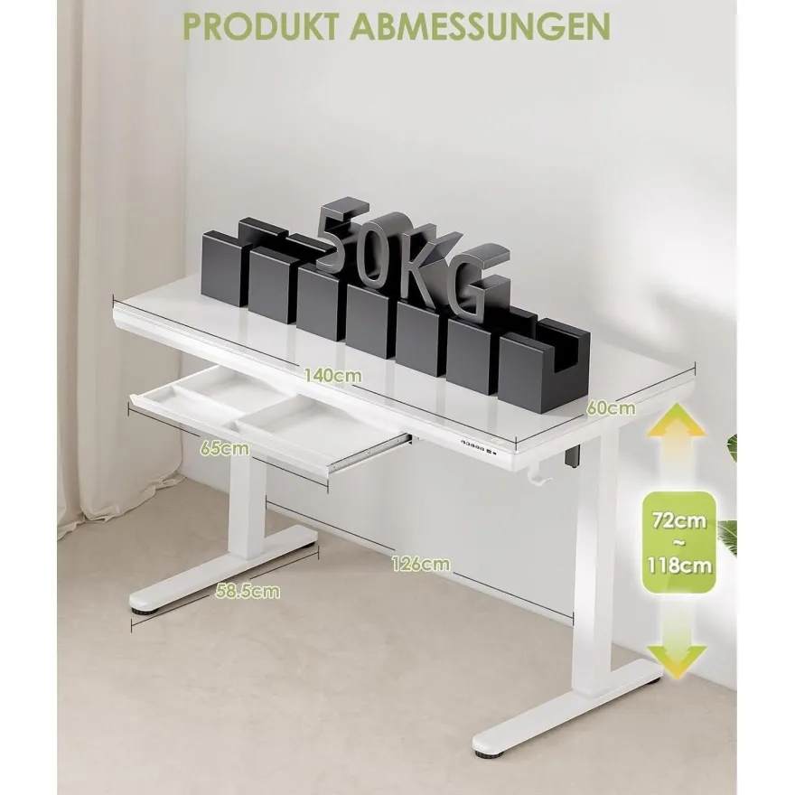 OffiGo Höhenverstellbarer Schreibtisch, 140x60 cm, Elektrisch mit Glasplatte