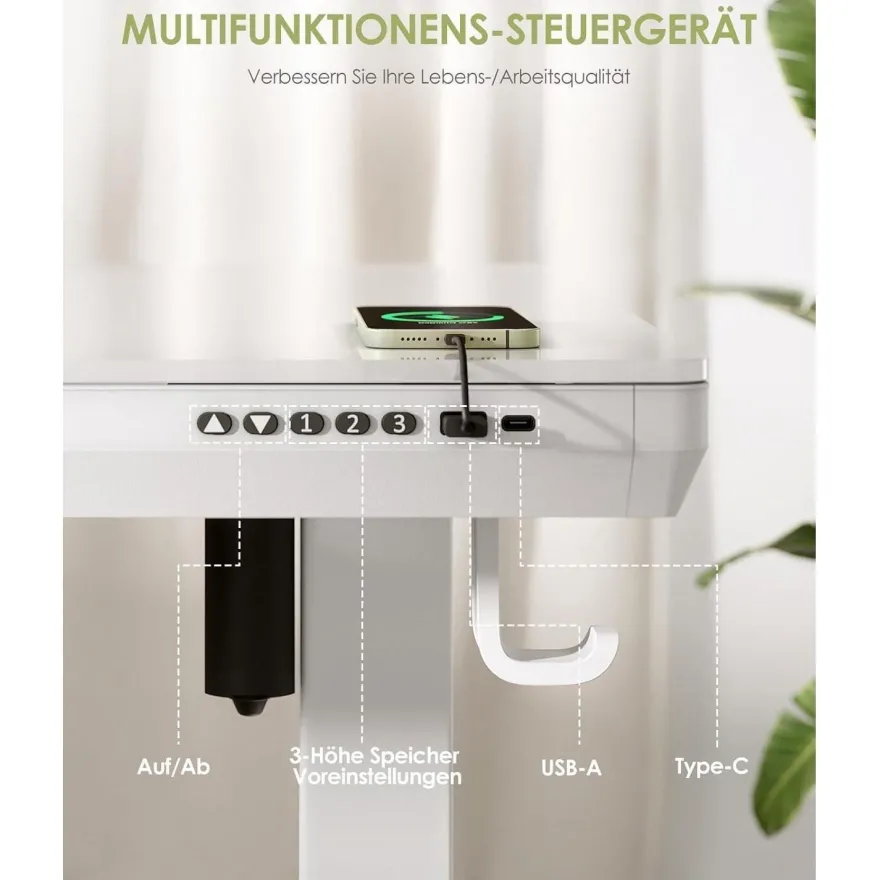 OffiGo Höhenverstellbarer Schreibtisch, 140x60 cm, Elektrisch mit Glasplatte