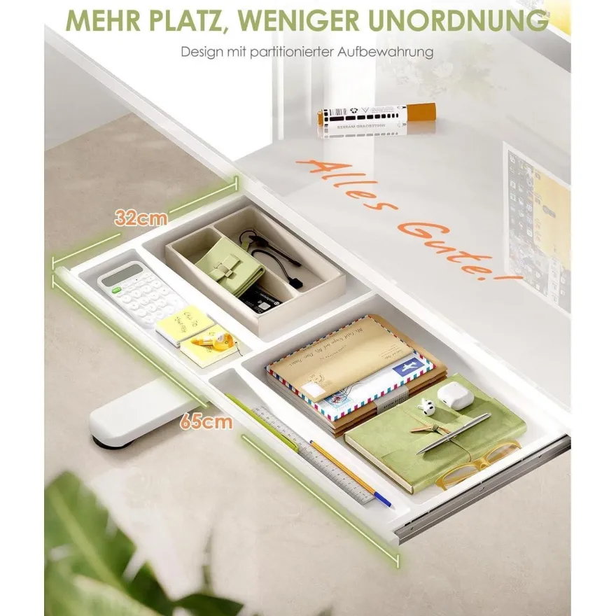 OffiGo Höhenverstellbarer Schreibtisch, 140x60 cm, Elektrisch mit Glasplatte