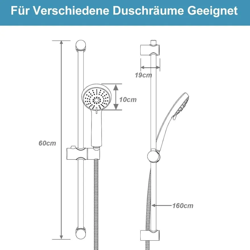 OFFO Duschset 60cm Duschstange mit 10cm Duschkopf, 3 Strahlarten, Verstellbare