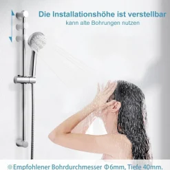 OFFO Duschset 60cm Duschstange mit 10cm Duschkopf, 3 Strahlarten, Verstellbare