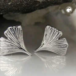 Ohrstecker Ohrring 12mm Ginkgoblatt glänzend 9Kt Weißgold