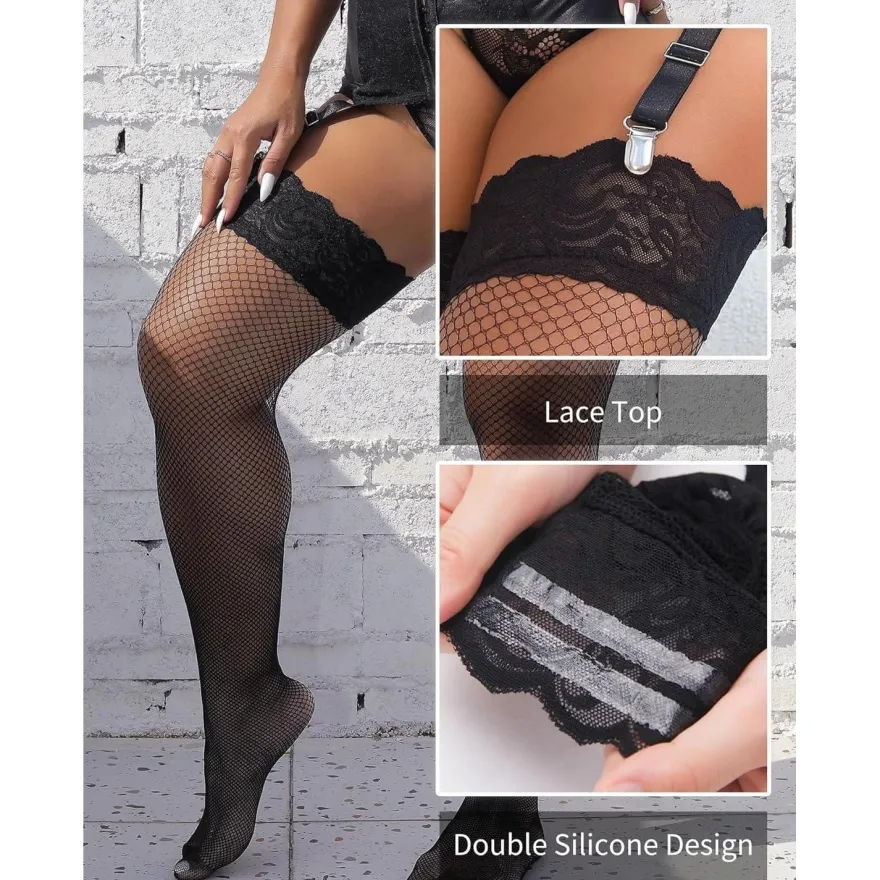 ohyeahlady Damen Halterlose Netzstrümpfe L-XXL Schwarz, Große Größen, Spitze
