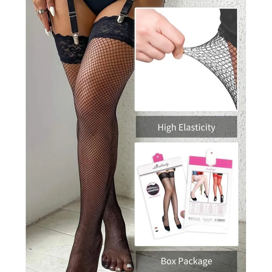 ohyeahlady Damen Halterlose Netzstrümpfe L-XXL Schwarz, Große Größen, Spitze