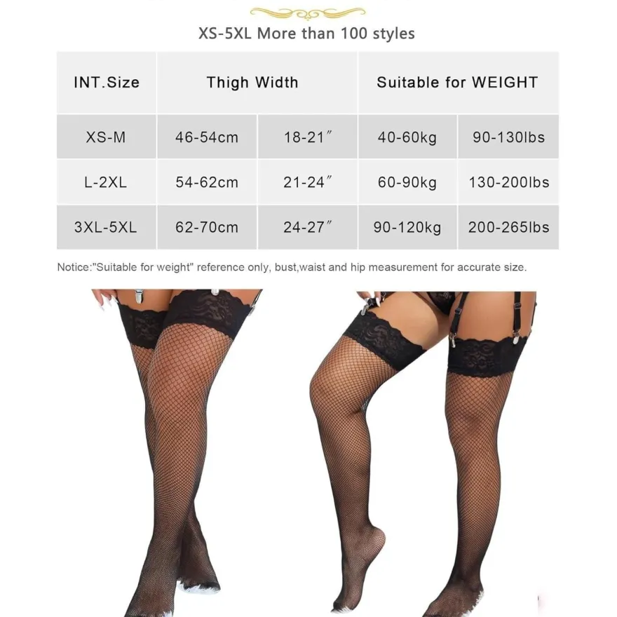 ohyeahlady Damen Halterlose Netzstrümpfe L-XXL Schwarz, Große Größen, Spitze