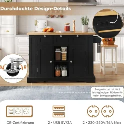 Ojjxh Küchenwagen mit Klappbarer Arbeitsplatte, 5 Rollen, 3 Schubladen