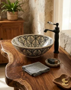 Orientalisches Keramik-Waschbecken CHAREE - handbemalt, Arabesken Schwarz-Weiß
