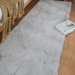 Orinova Flauschiger Kunstfell Teppich Läufer 60x240 cm Grau, Waschbar, Weich