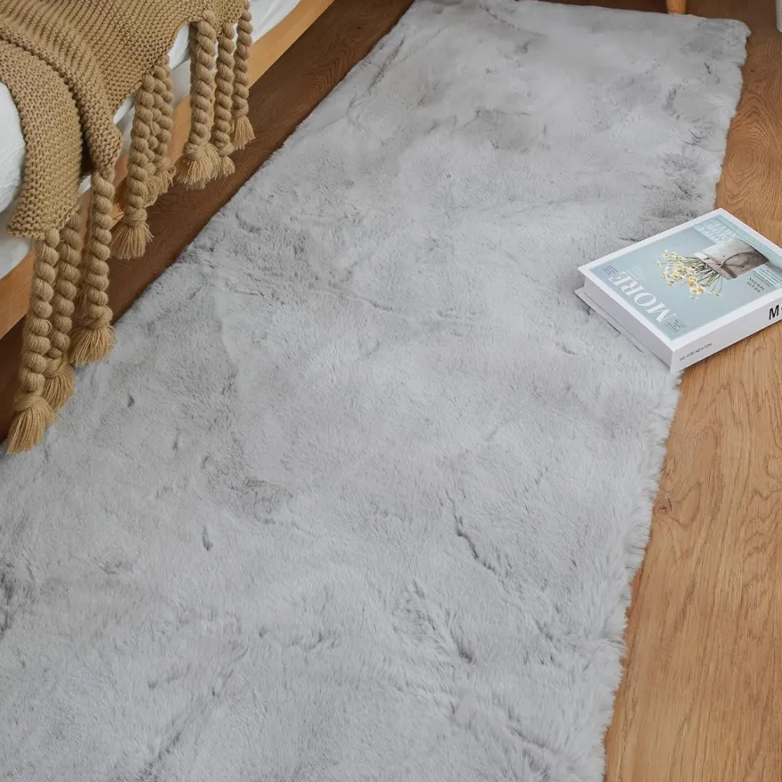 Orinova Flauschiger Kunstfell Teppich Läufer 60x240 cm Grau, Waschbar, Weich
