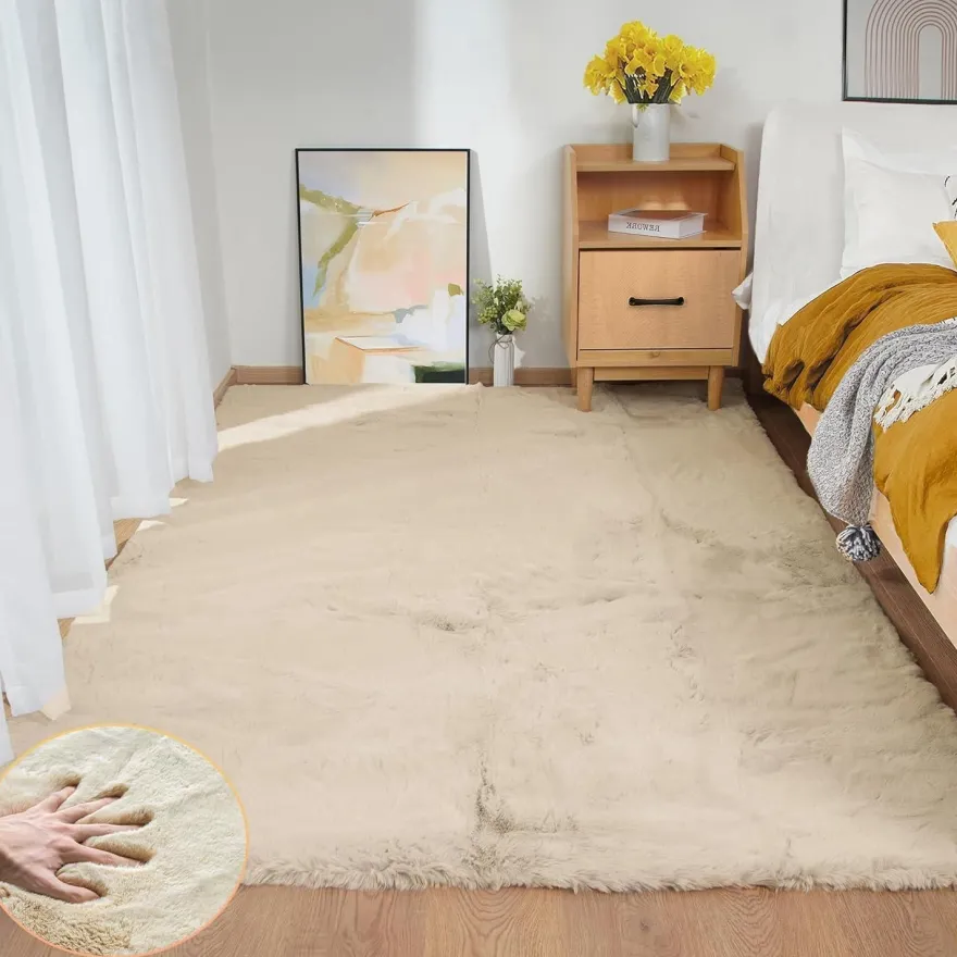 Orinova Kunstfell Teppich Beige 150x215 cm - Flauschig, Kuschelig, Waschbar für