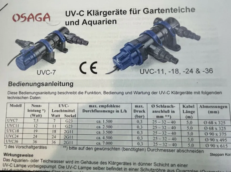 Osaga UVC 7,11,18, 24, 36, 55, 75 Watt Gerät Algenvernichter gegen grünes Wasser