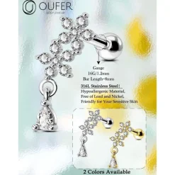 OUFER 16G Dangle Helix Conch Tragus Studs CZ Gold Silber Cartilage Earring