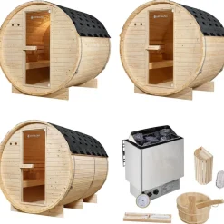 Outdoor Holz Fasssauna Saunafass 4 Größen Komplett SET mit Sauna Ofen + LED + Zubehör