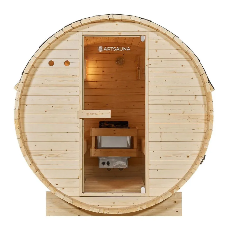 Outdoor Holz Fasssauna Saunafass 4 Größen Komplett SET mit Sauna Ofen + LED + Zubehör