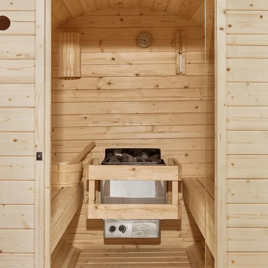 Outdoor Holz Fasssauna Saunafass 4 Größen Komplett SET mit Sauna Ofen + LED + Zubehör
