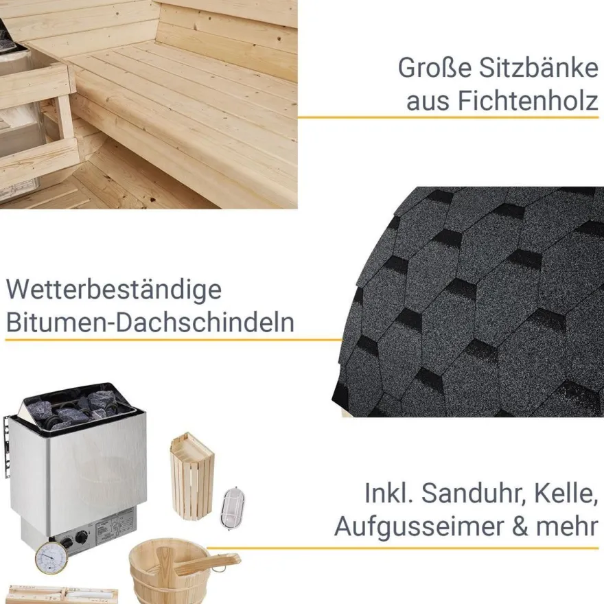 Outdoor Holz Fasssauna Saunafass 4 Größen Komplett SET mit Sauna Ofen + LED + Zubehör