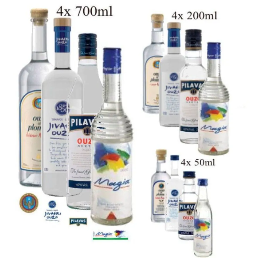 Ouzo Probierset 3,8 Liter Plomari Pilavas Magia Jivaeri original 40%ige Abfüllungen