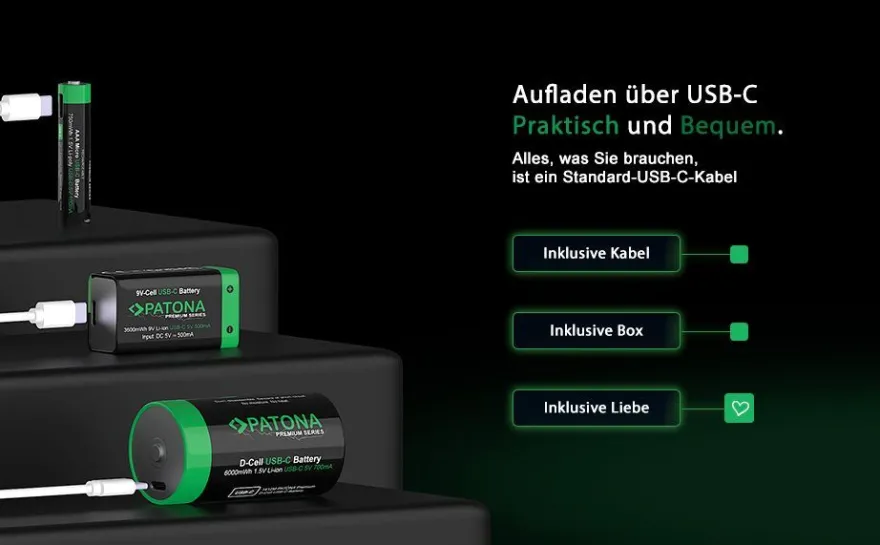 PATONA Premium USB-C 4x AAA Akkus Lithium 1.5V 750mWh mit 1 zu 2 USB-C Ladekabel