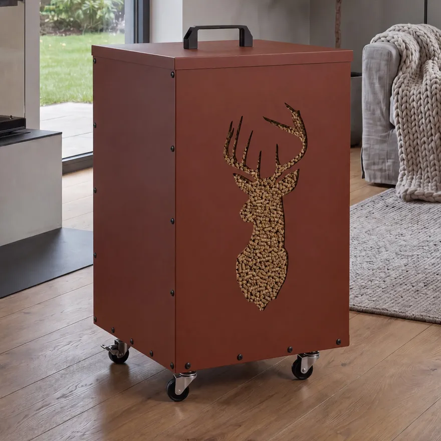 Pelletbehälter HWC-Q30 Hirsch, Pelletbox für z.B. Tierfutter, Rollen Füße 65x36x36cm