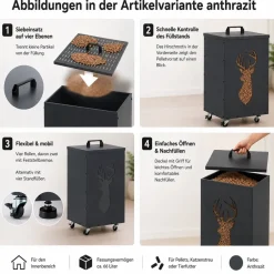 Pelletbehälter HWC-Q30 Hirsch, Pelletbox für z.B. Tierfutter, Rollen Füße 65x36x36cm