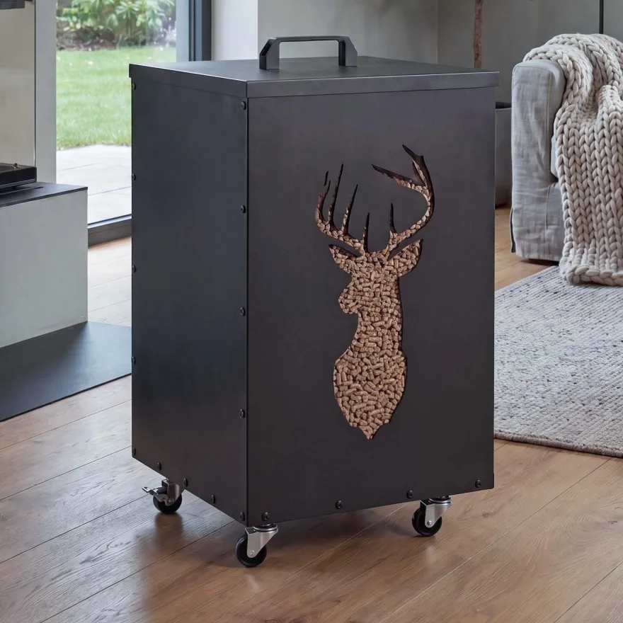 Pelletbehälter HWC-Q30 Hirsch, Pelletbox für z.B. Tierfutter, Rollen Füße 65x36x36cm