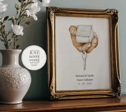 Personalisiertes Zuhause Poster · Geschenkidee · Haus Schlüssel Illustration